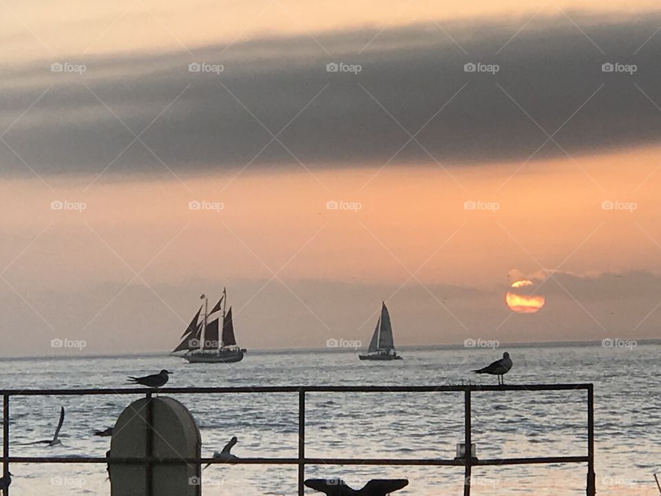 Sunset with sailboats. 