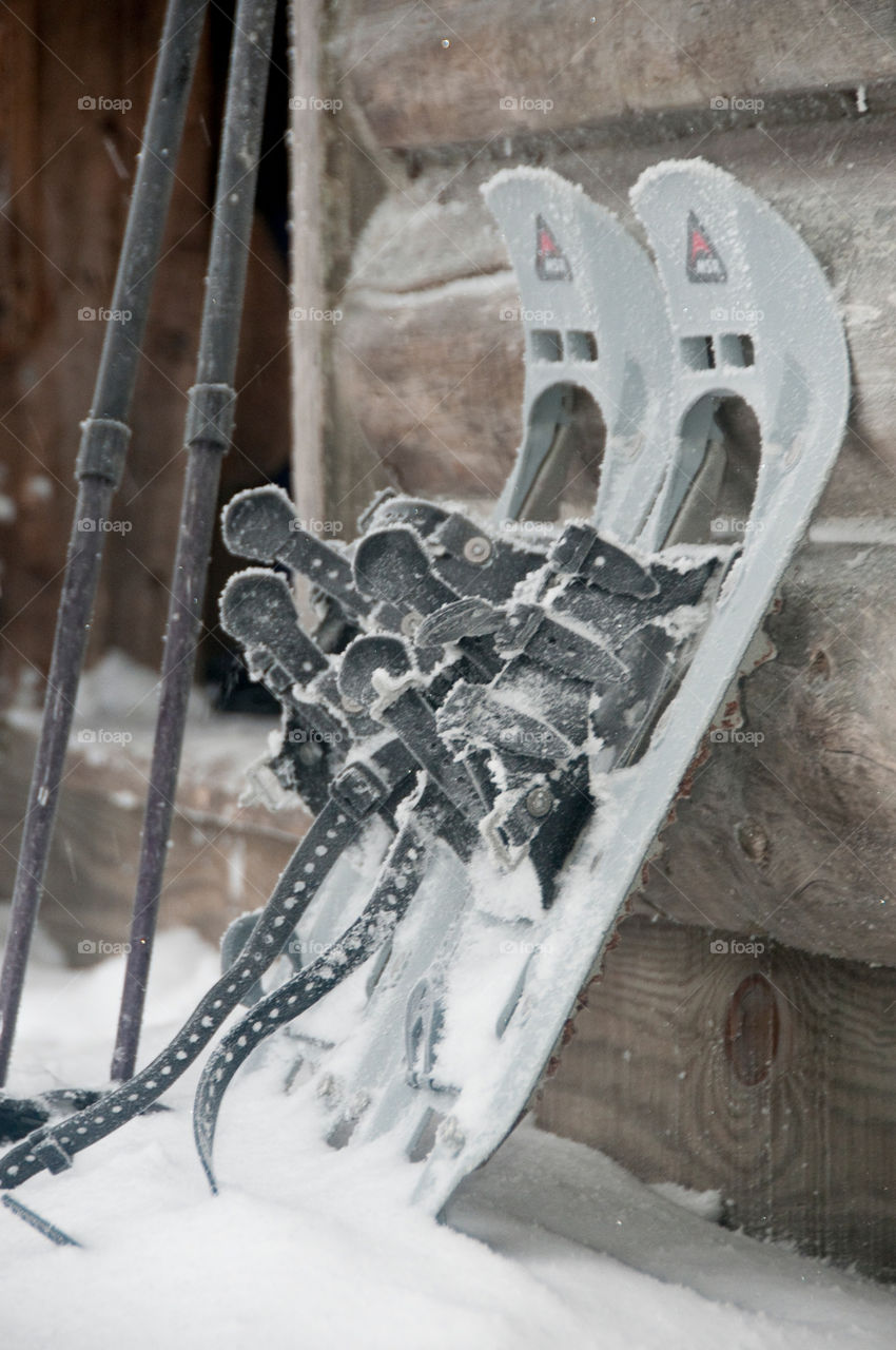 Snowshoes on a frosty winter morning