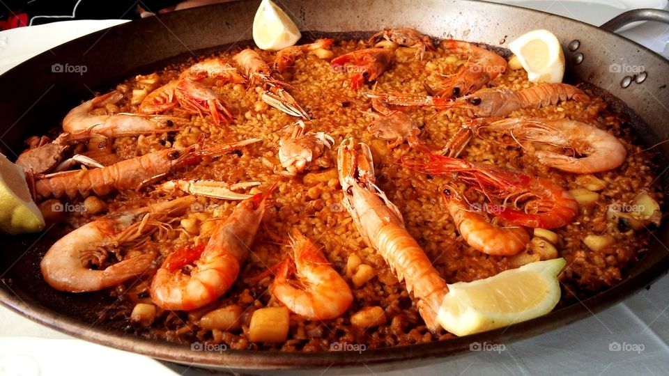delicious paella, rice and seafood