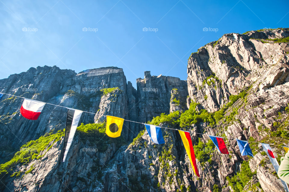 Preikestolen, Pulpit Rock as seen from the bottom of Lysefjorden, Lysefjord. Norway.