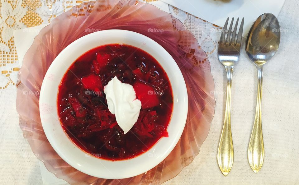 Borscht soup with cutlery