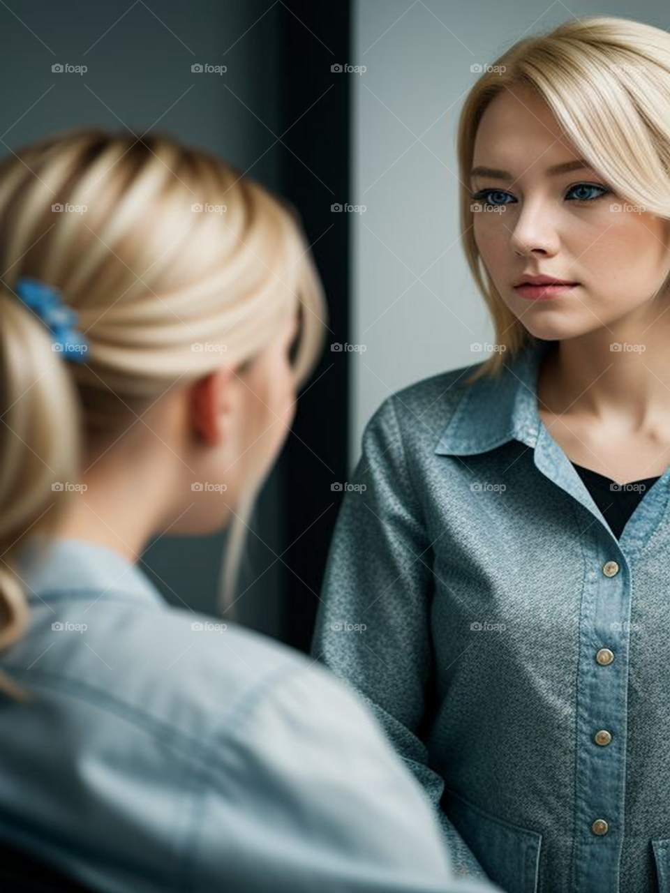 A beautiful girl contemplates her face in the mirror