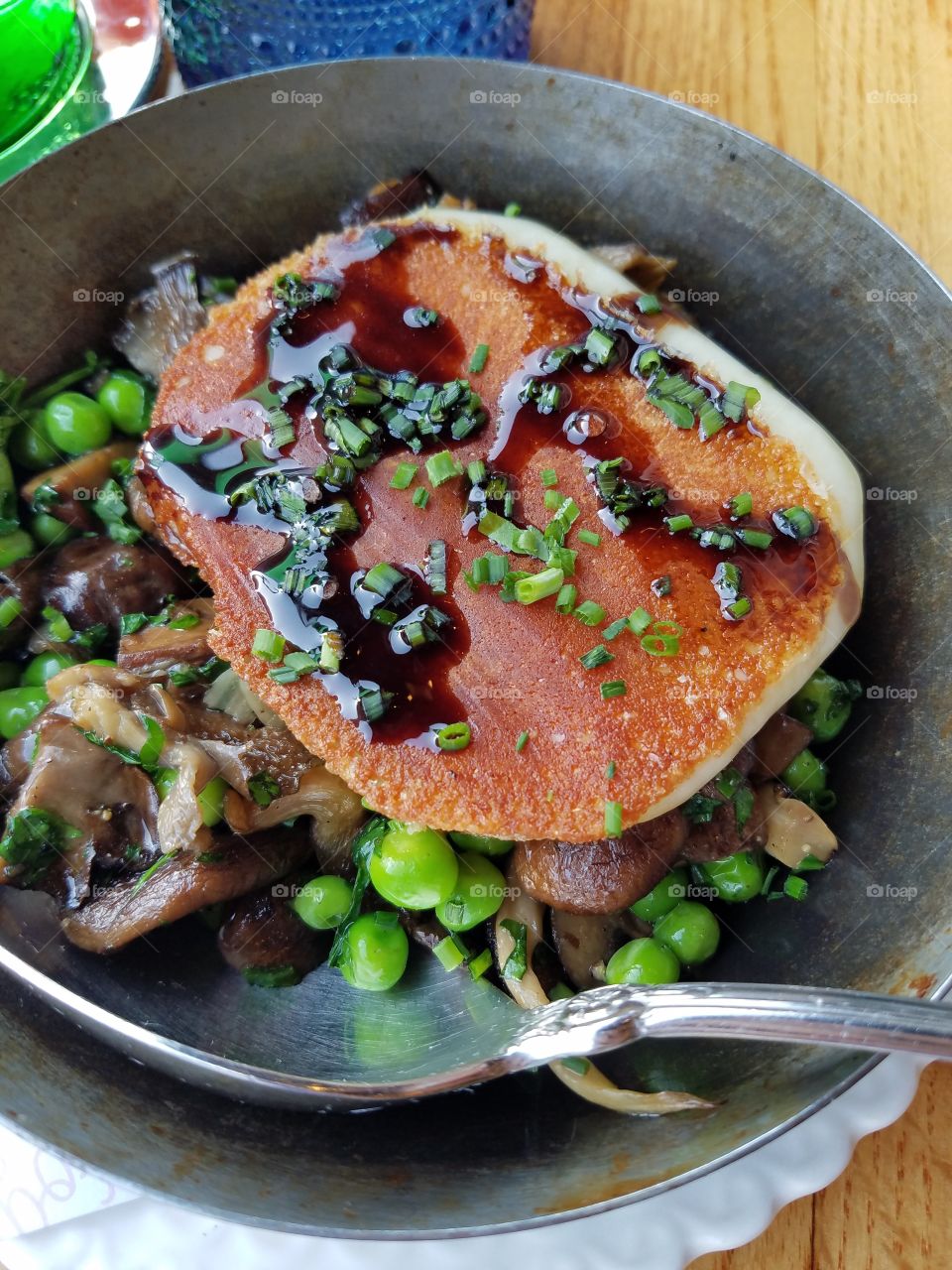 fresh green peas, fried cheese, and mushrooms