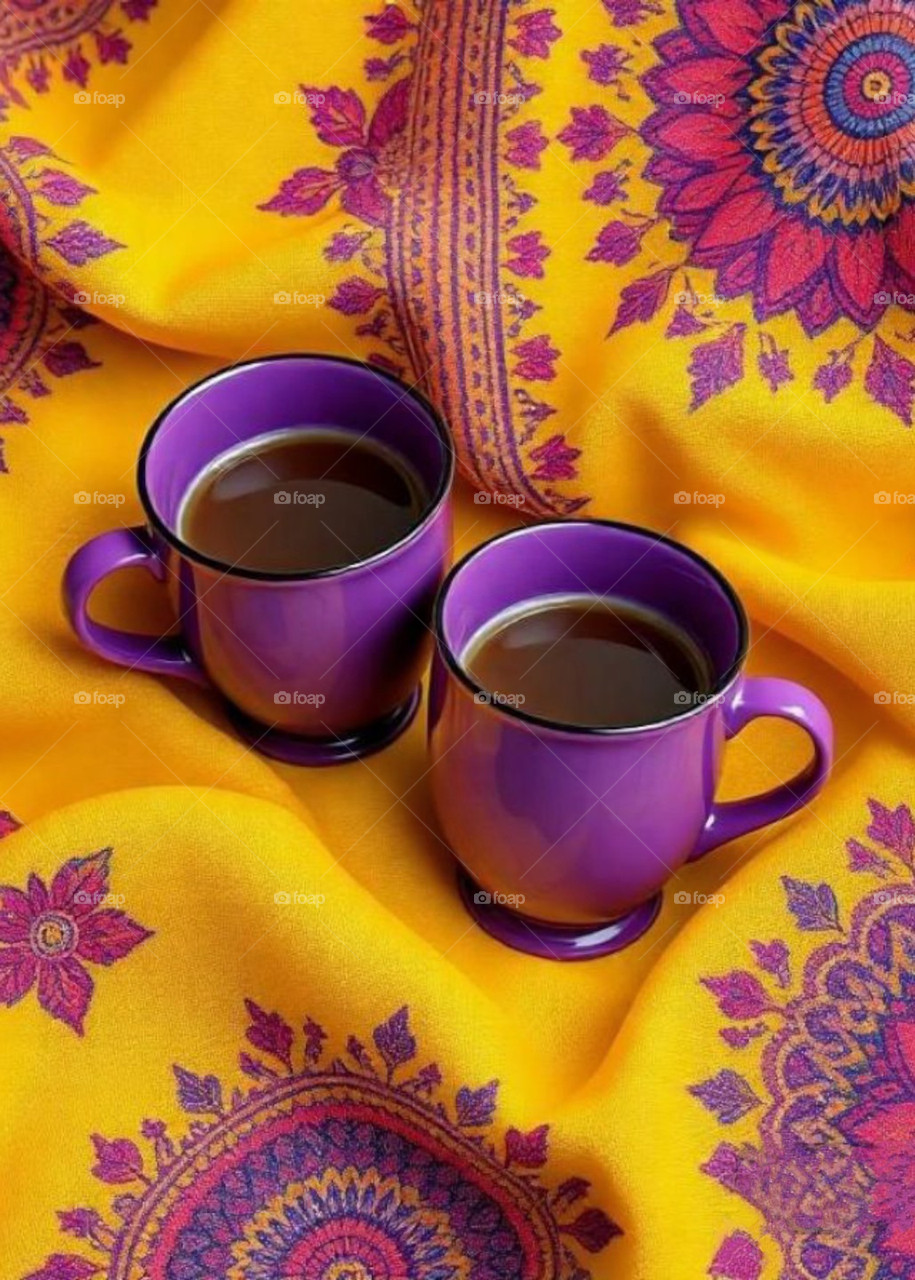purple cups on a boho fabric