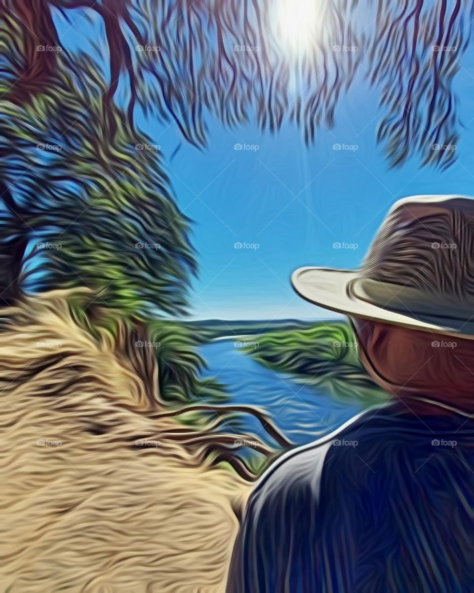 digital painting of a man looking from the cliffs over a Riverway