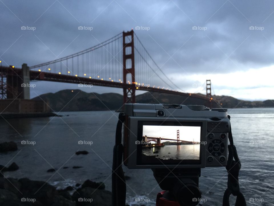A Fuji camera taking pics of the Golden Gate Bridge in San Francisco, CA. 