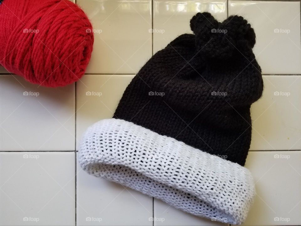 Crochet Winter Hat in Black & White with Red Yarn