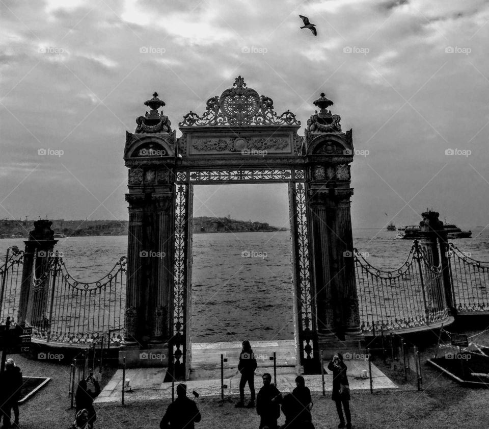 world of black and white: important historical site, Ottoman Empire. beside Strait of Bosporus European part seaside. delicate and beautiful.