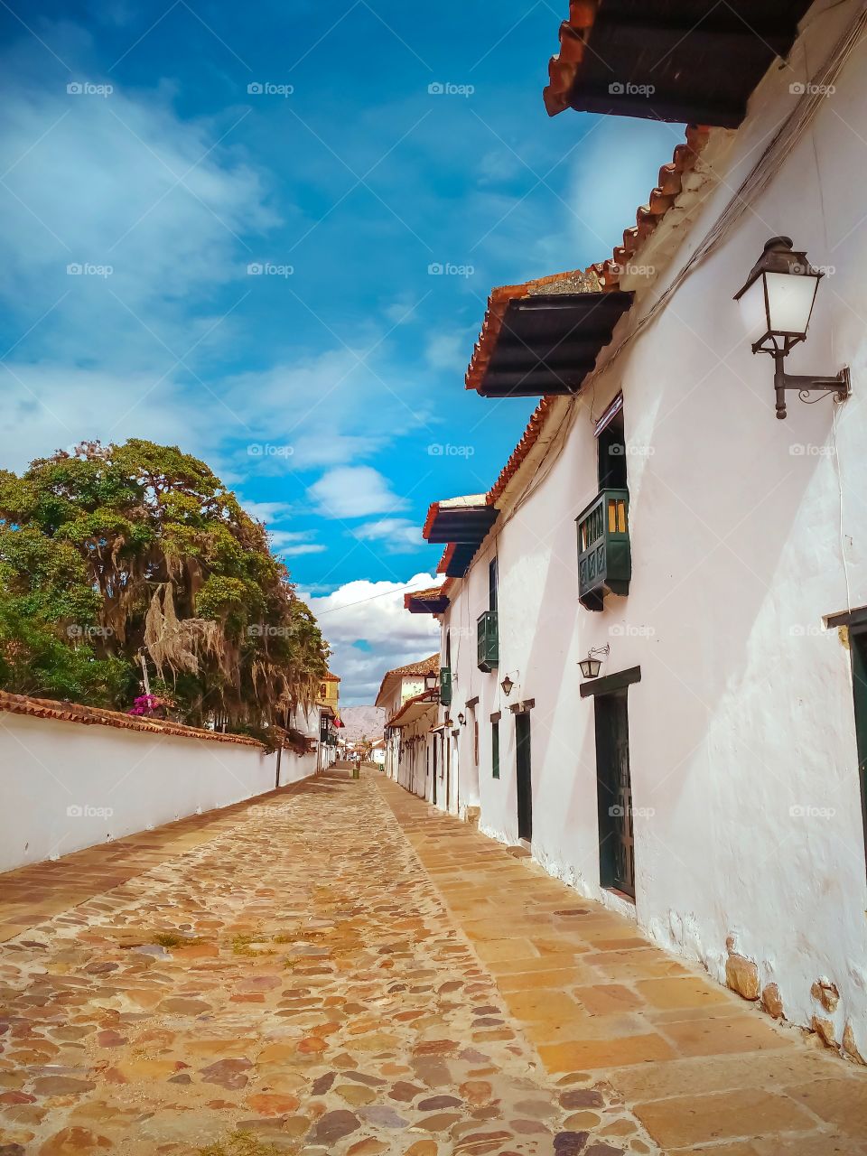 Calle de Villa de Leyva, Boyacá Colombia cielo azul, sin gente. En Cuarentena. Villa de Leyva street, Boyacá Colombia blue sky, without people. Quarantine Vertical