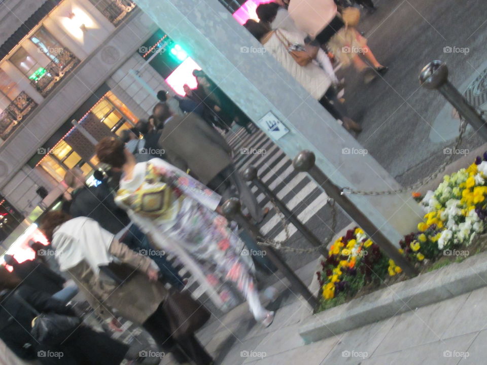 People Crossing Street, Ginza, Tokyo, Japan. Young Woman in Kimono.