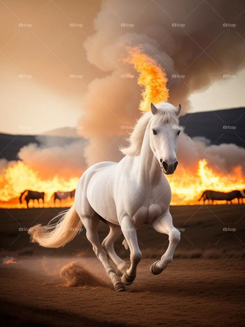 A white horse running to escape the flames