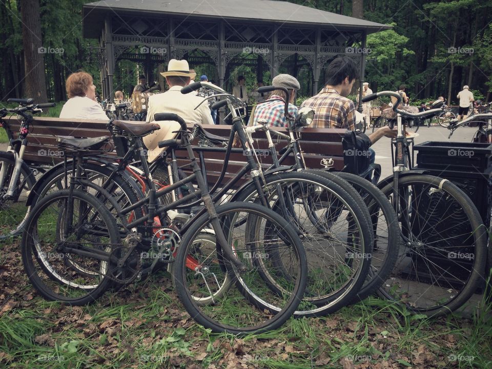 Different bicycles on a vintage bicycles exhibition in Moscow, Russia