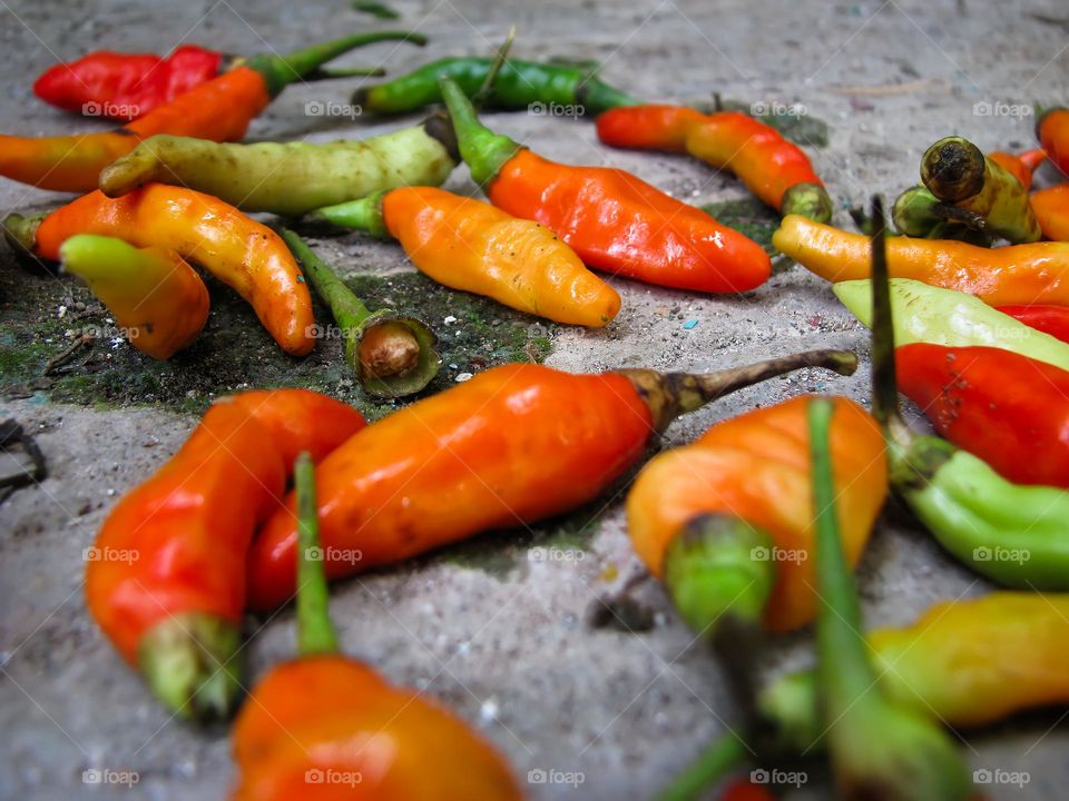 Close-up of bird's eye chilies scattering after being picked