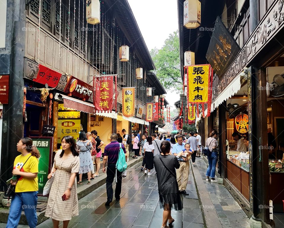 A busy tourist street in Chengdu, China.