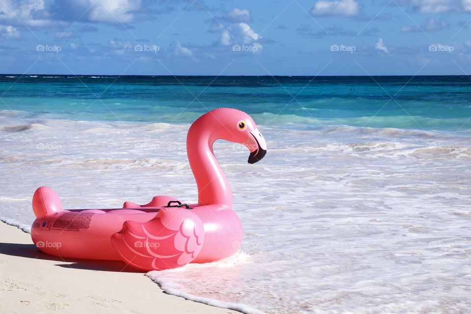 Inflatable pink flamingo on the ocean beach