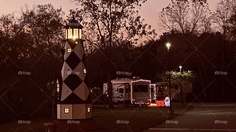 Holidays are upon us and lighthouse is lit RV decorated