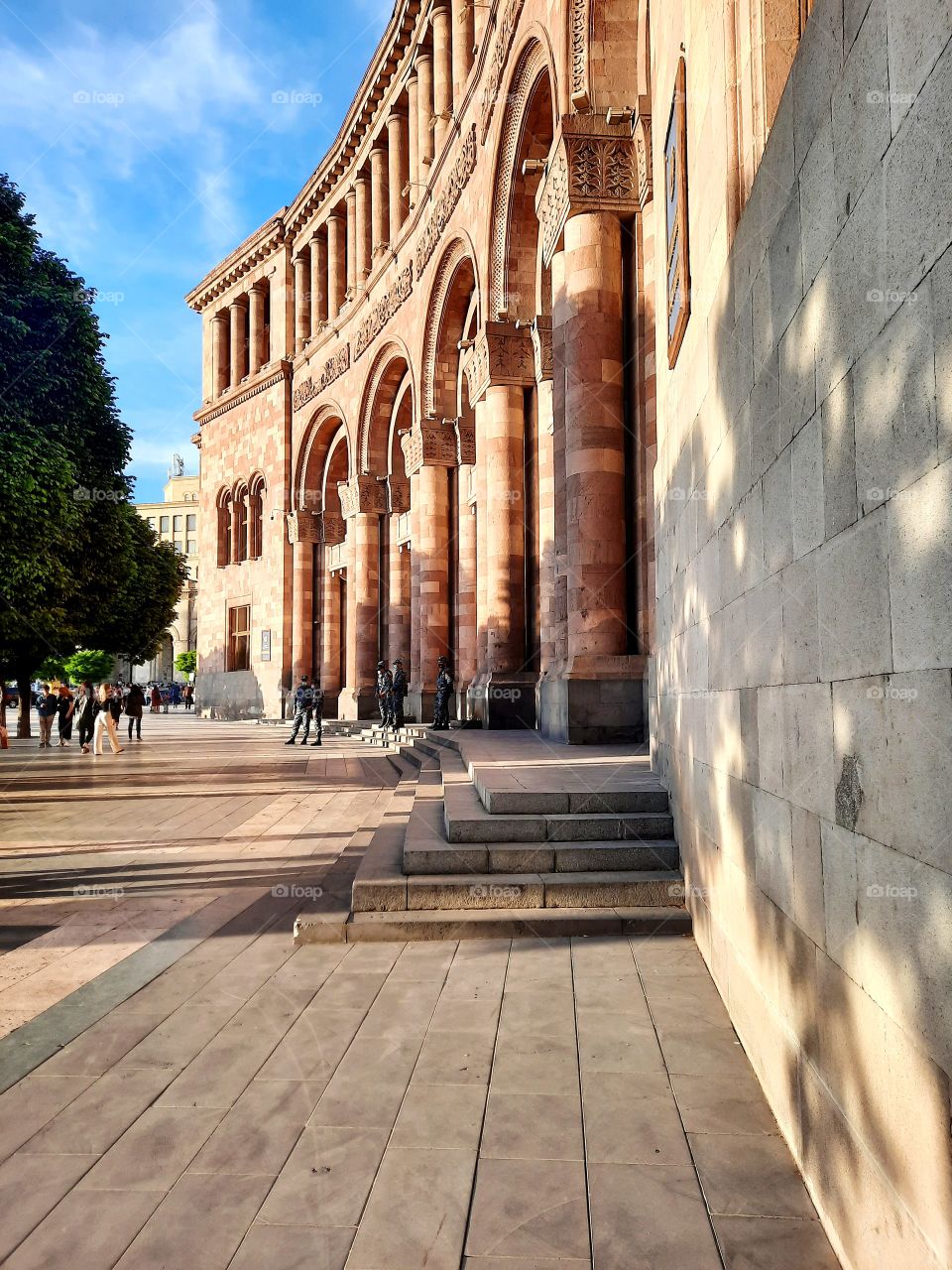 Shadows on a tuff wall in Yerevan, capital of Armenia