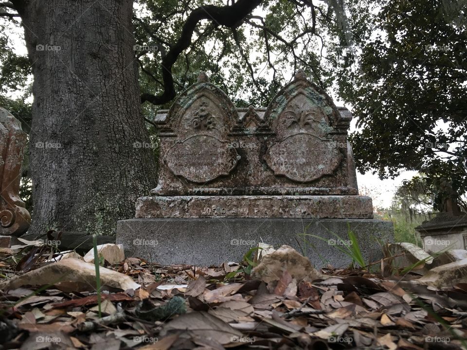 It is a picture at an old graveyard. It is a double tombstone that is quite unkempt. 
