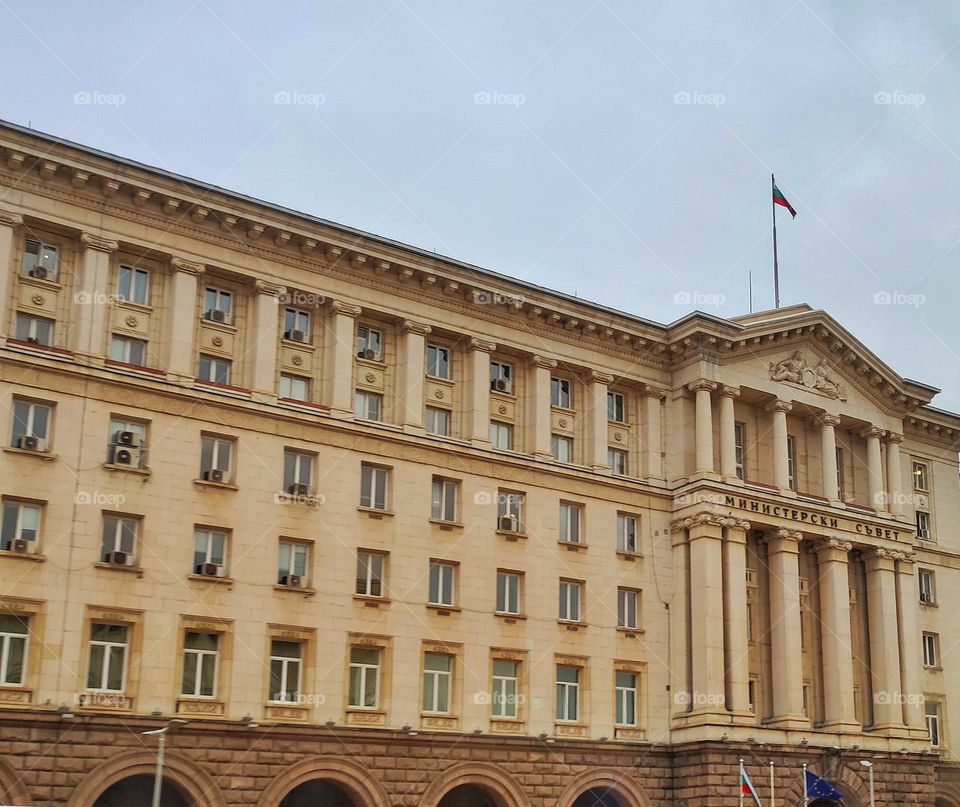 A photo of one of Bulgaria's national department buildings in the centre of the capital city Sofia with beautiful architecture