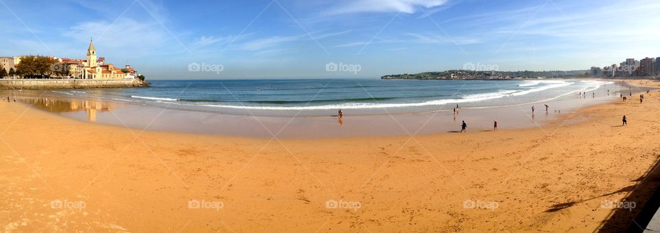 Panoramic view of San Lorenzo beach in Gijon, Asturias - Spain