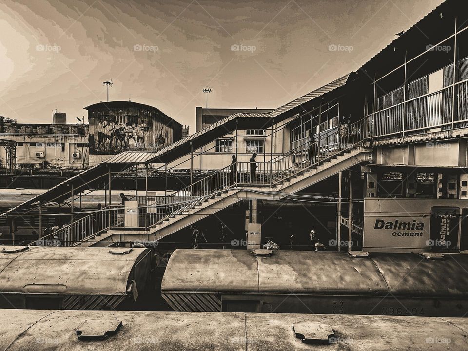 Vintage style  - Railway platform and cross bridges 