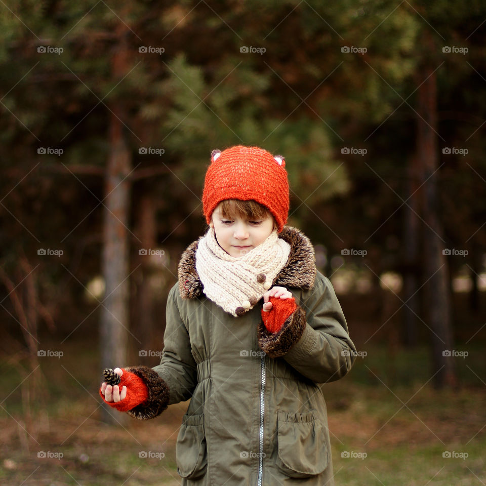 little girl fox in the forest collects cones