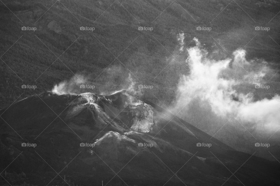 Aerial view of the smoking Tajogaite volcano on La Palma