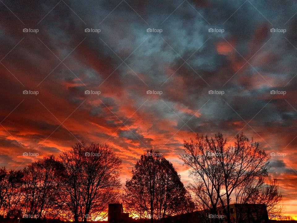 a sunrise with red clouds in winter 2018 in Chemnitz, Germany