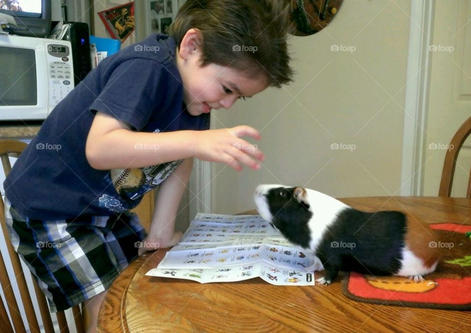 Child with pet guinea pig
