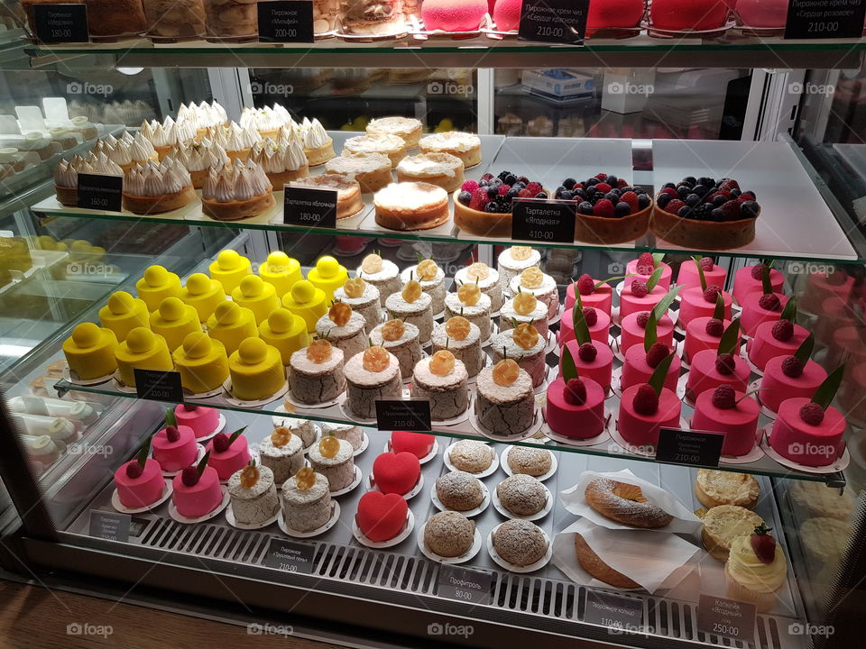 Colourful display of beautiful desserts and cakes