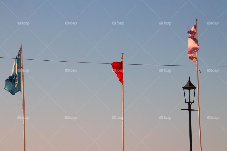 Red no-bathing flag between other flags in the blue sky in the evening