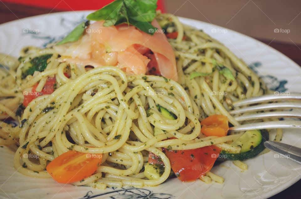 Salmon and vegetable pasta