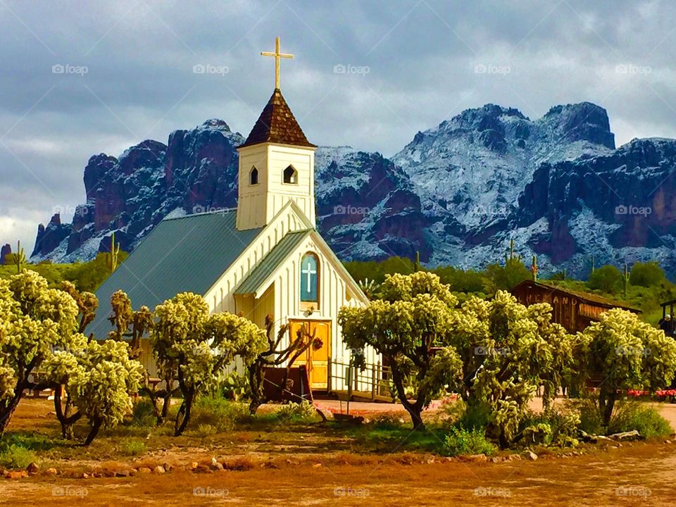 Desert Church. Rare snowfall in the Phoenix, Arizona area amongst the Superstition Mountains.