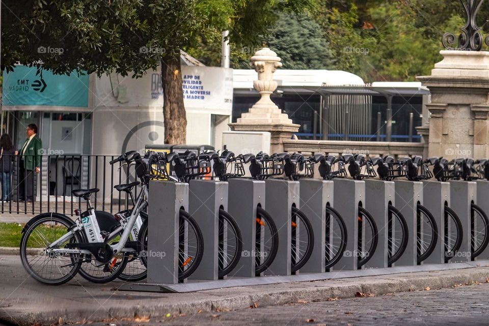 Bicycles parked on the street of Madrid city