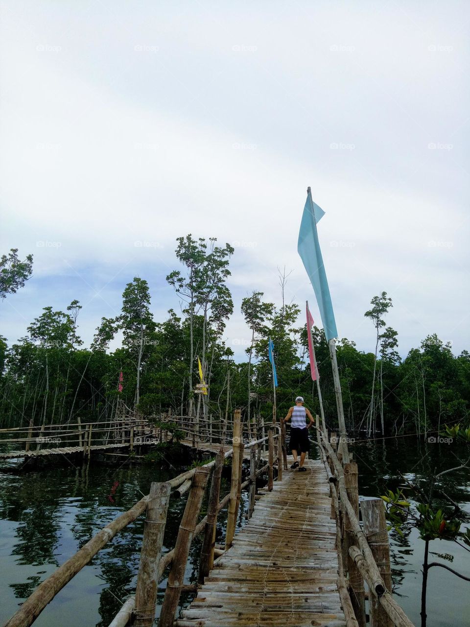  A man walked on a bamboo bridge.