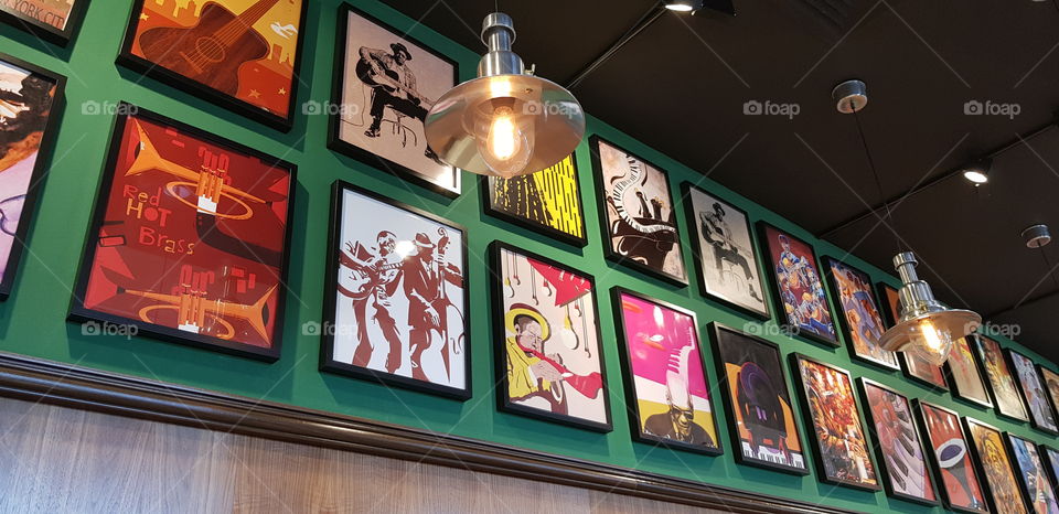 Wall with paintings in pub