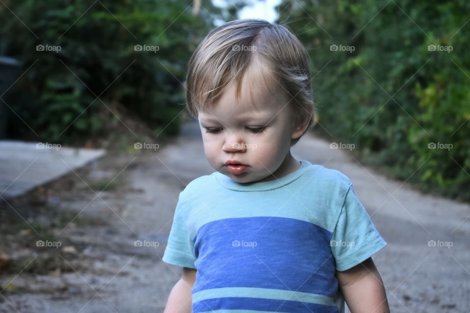 Cute toddler boy walking in alley path 