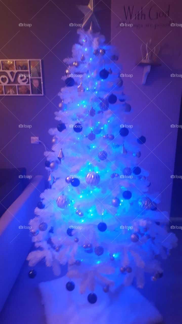 Christmas tree blue balls lights white love family