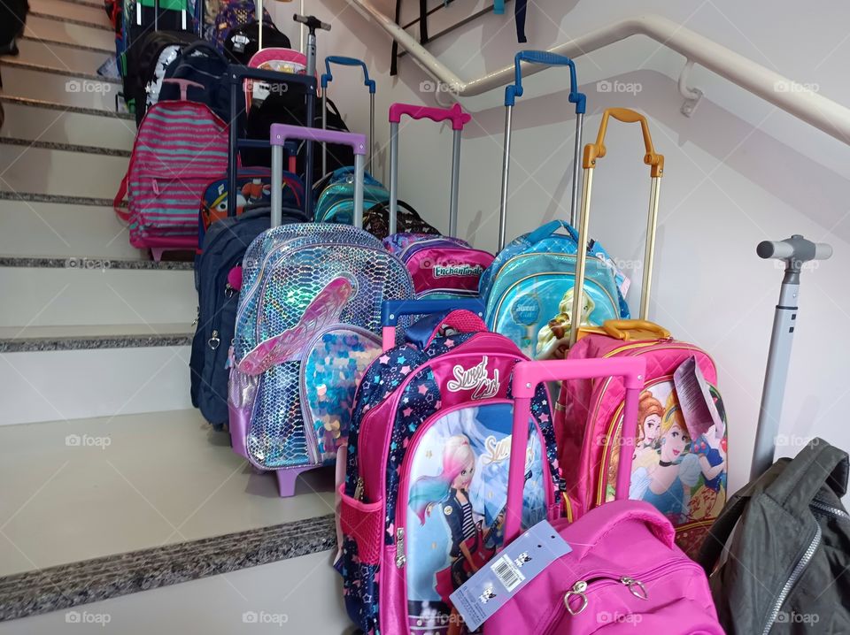 Backpack collection on stairs