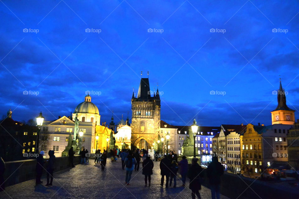 Charles Bridge, Prague. a blue sky sunset taken from Prague's iconic Charles Bridge