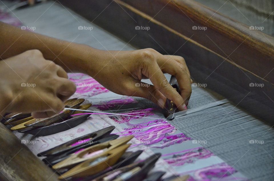 Close-up of weaving loom