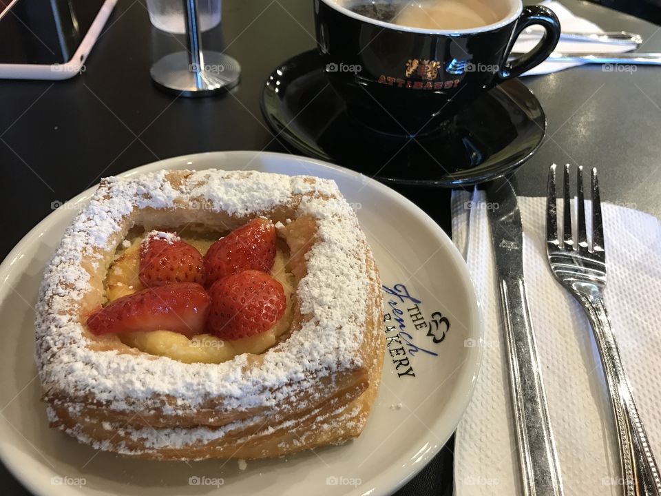 The French bakery, strawberry danish, yummy pastry, and coffee