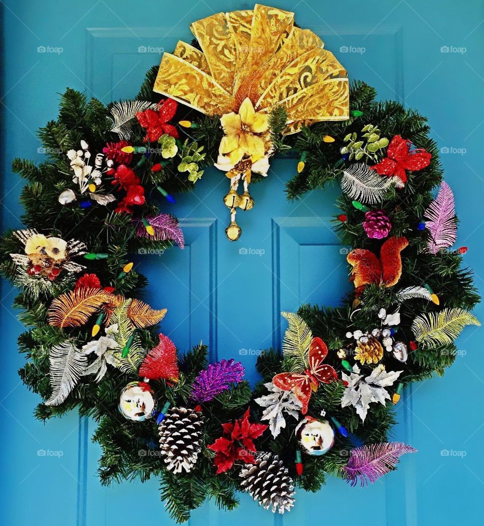 Bright , multicolored holiday wreath.