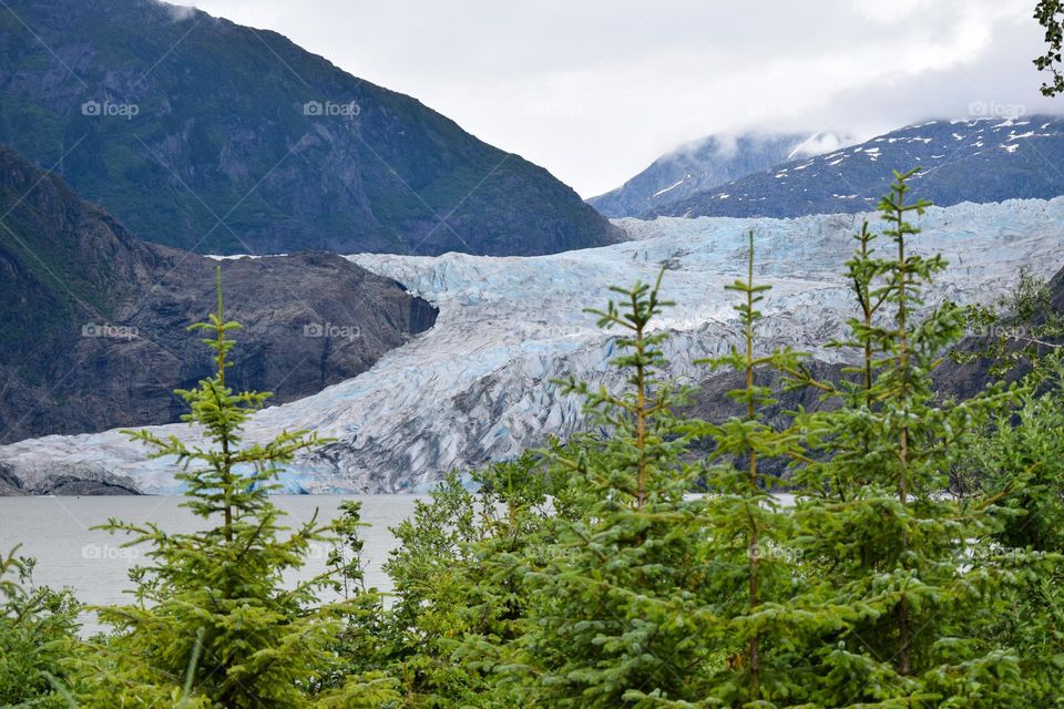 Mendenhall Glacier by Juneau Alaska is a popular tourist destination for cruise ship passengers on excursion