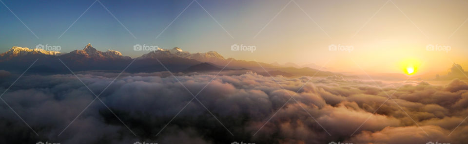 Pano of the fishtail mountain near Pokhara, Nepal at sunrise. 