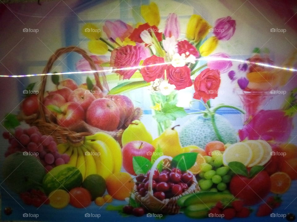 flower and fruits in display picture wall