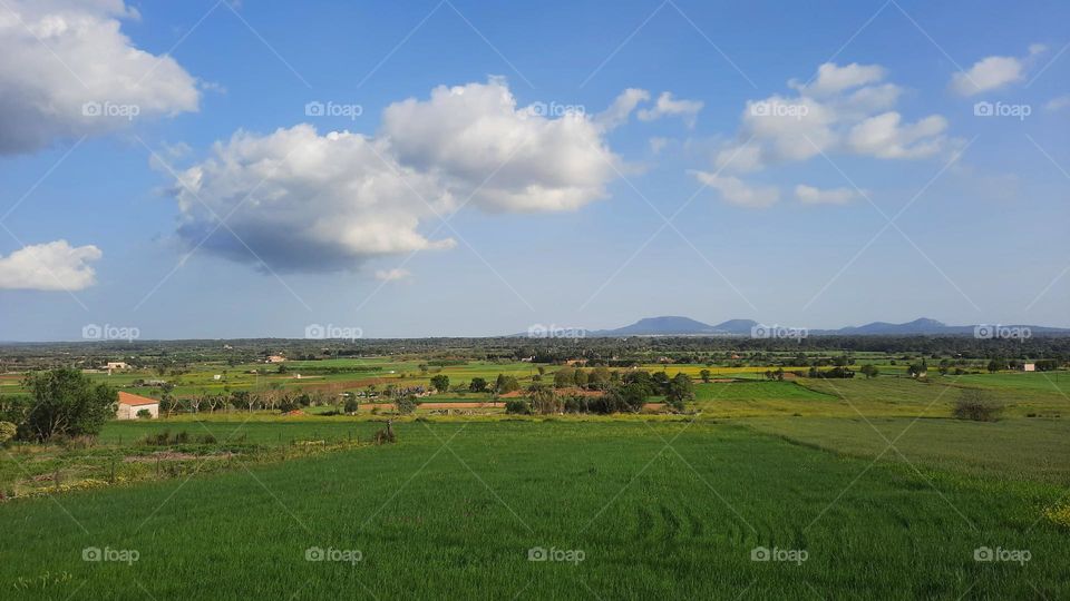 Panoramic view from an high place of a plain. Green crops, houses and trees are visible. Some mountains at the background. Blue sky with some fluffy clouds