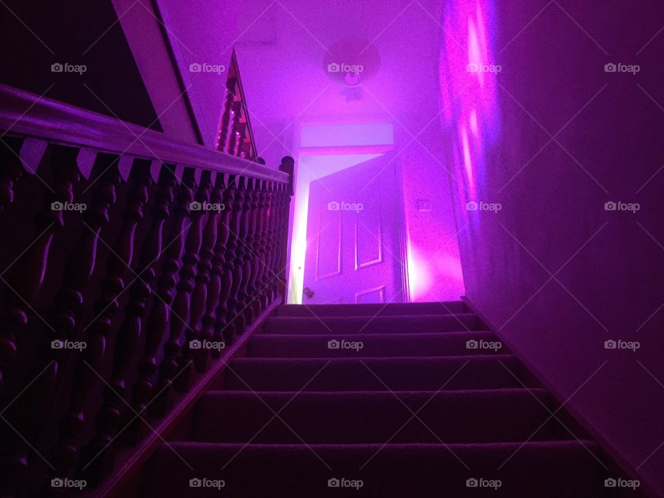 Ghostly purple stairs filled with smoke. 