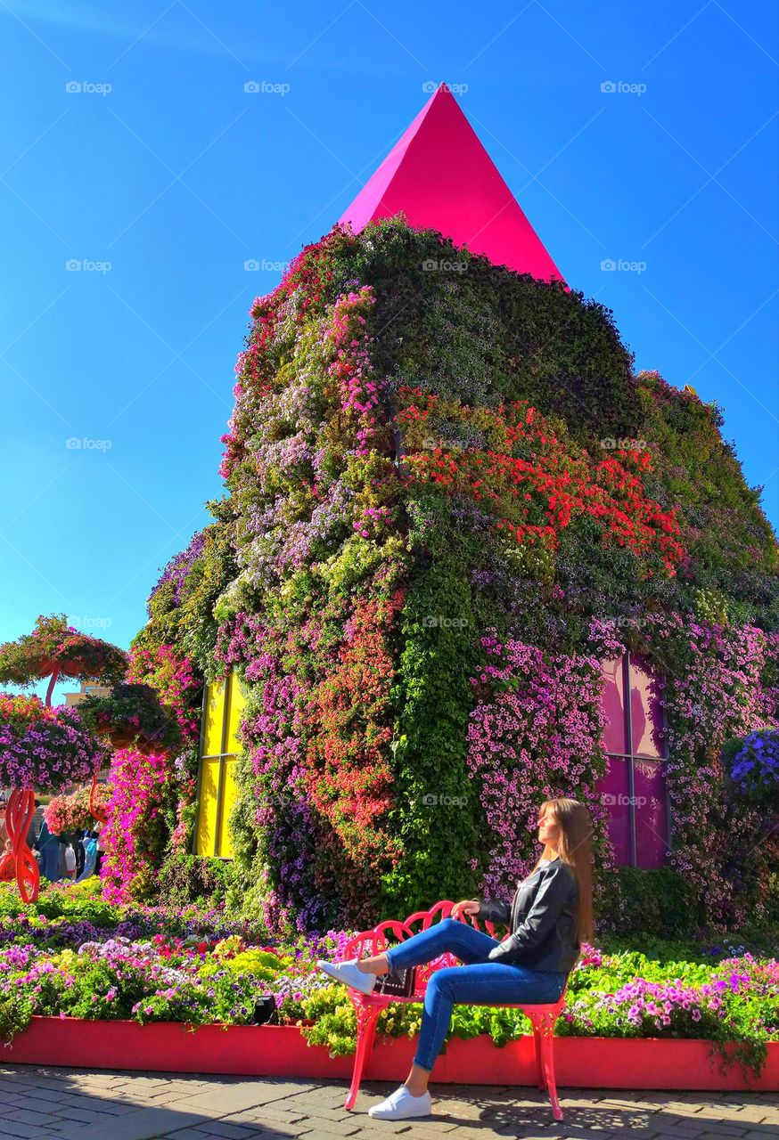 House of multi-colored varieties of petunias.  In the foreground, a girl sits on a red bench and basks in the sun.