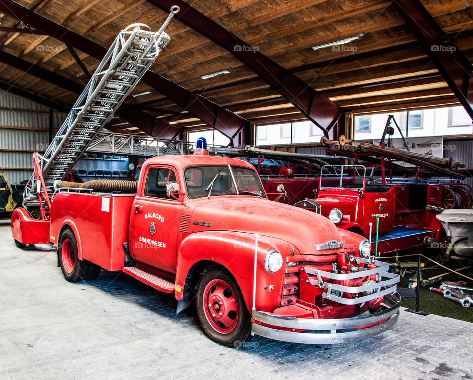 Retro fire truck. Old red danish truck from Aalborg.